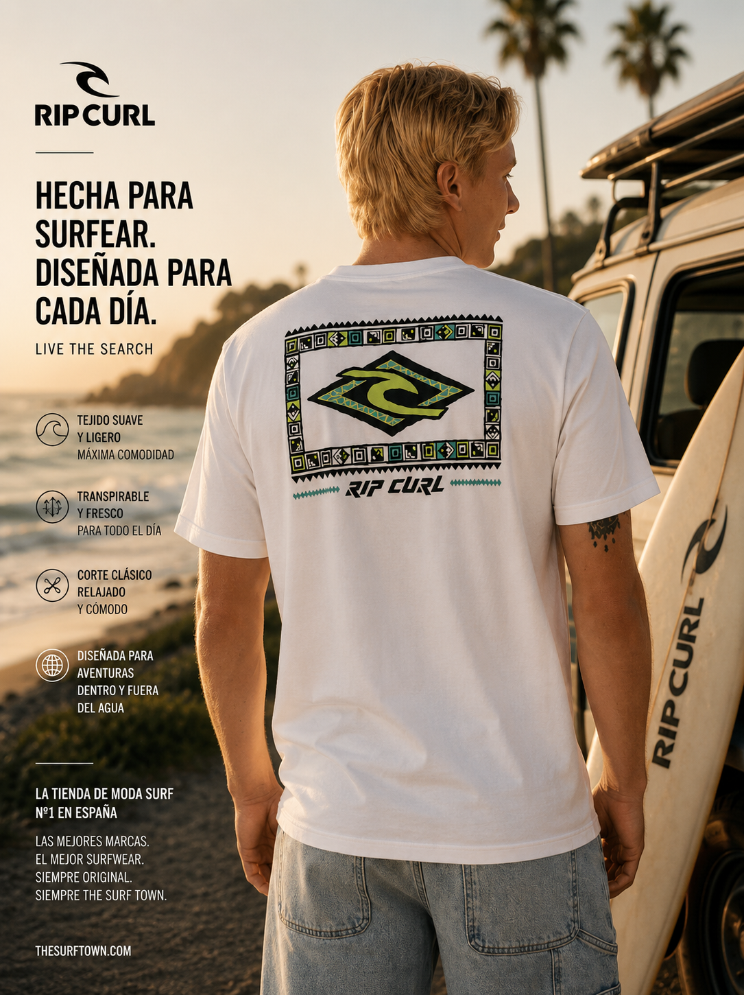 Camiseta blanca Rip Curl para hombre con logo trasero surfwear premium y estilo beach lifestyle