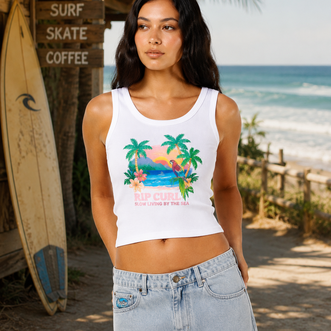 Top Rip Curl mujer blanco con estampado tropical en escenario surf lifestyle Costa del Sol junto al mar y surf shack premium