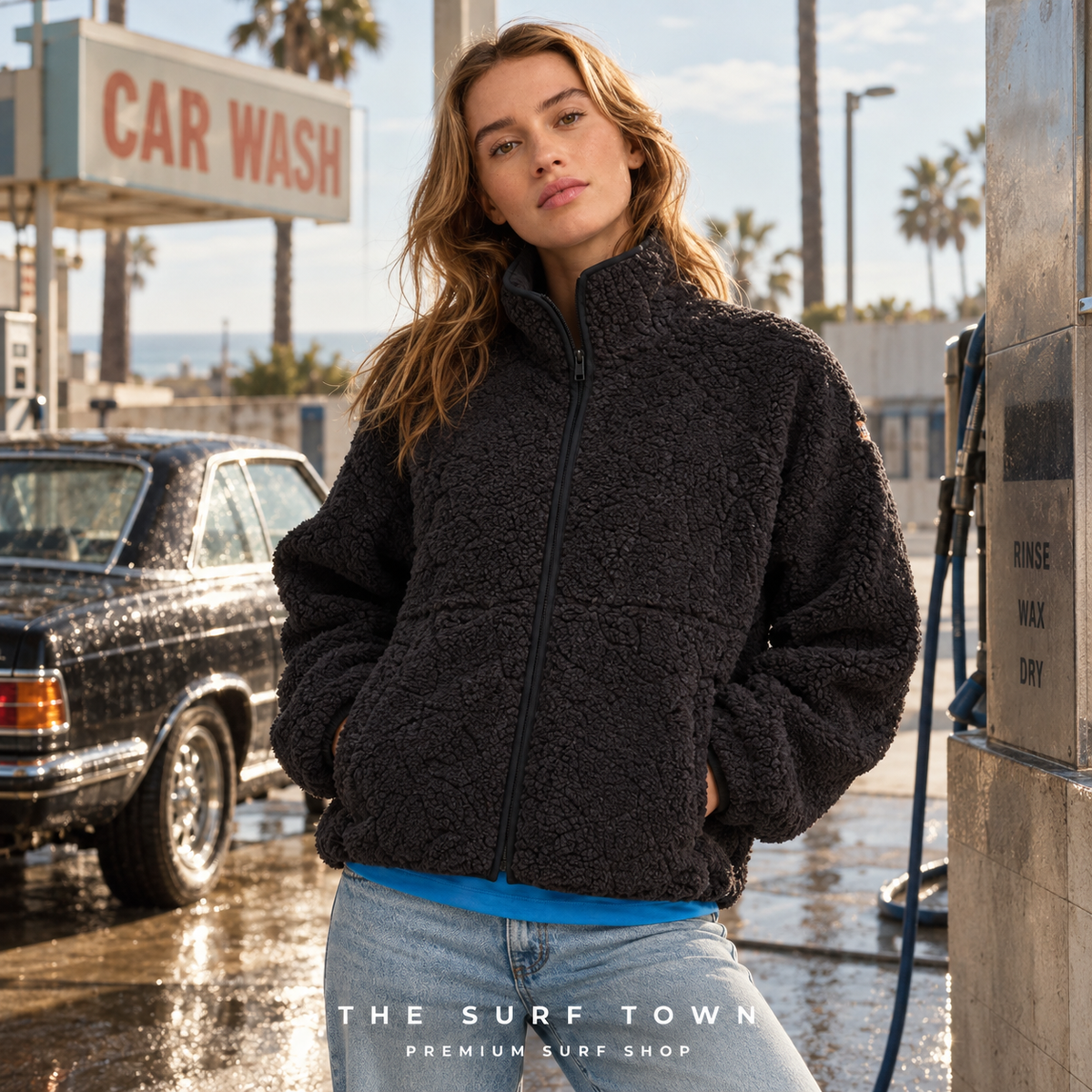 Chaqueta polar Roxy Blurry Cloud Anthracite en autolavado retro; imagen editorial propia de surf town