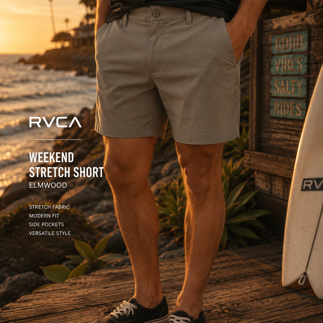 Bermudas híbridas RVCA All Time Mushroom para hombre en escenario lifestyle surf premium junto al mar al atardecer