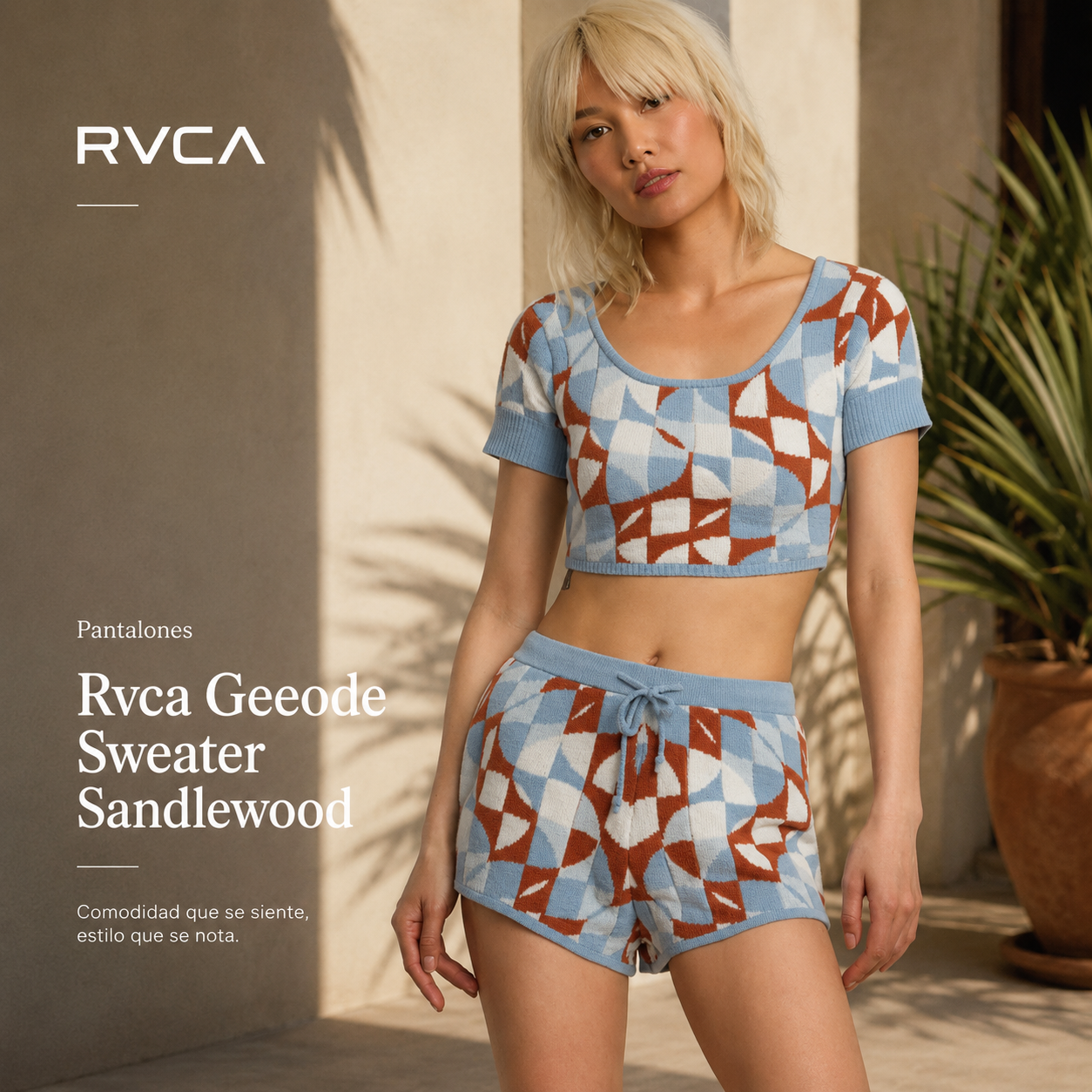 Pantalones Rvca Geeode Sweater Sandlewood de mujer en escena editorial lifestyle premium con luz natural y estética surfwear femenina