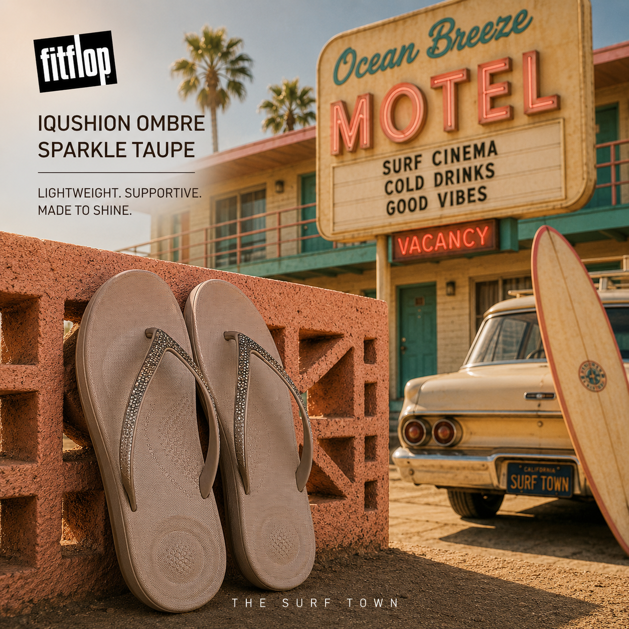 Sandalias FitFlop Iqushion Ombre Sparkle Taupe para mujer en fotografía editorial propia de THE SURF TOWN con estética motel retro surf cinema y estilo beach lifestyle premium