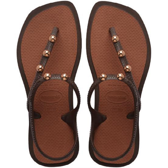 Sandalias Havaianas Flash Fusion Brown mujer con tiras finas marrones, detalles metálicos dorados y suela de goma cómoda para verano