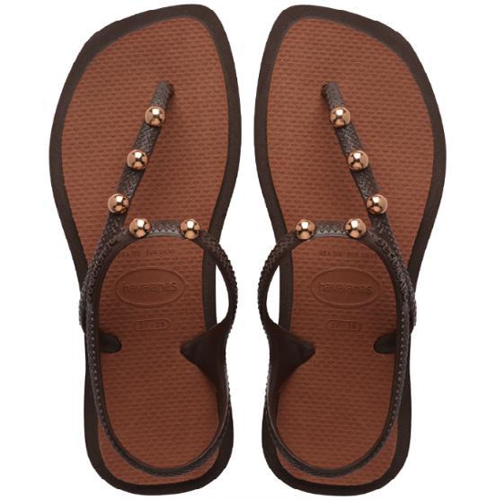 Sandalias Havaianas Flash Fusion Brown mujer con tiras finas marrones, detalles metálicos dorados y suela de goma cómoda para verano