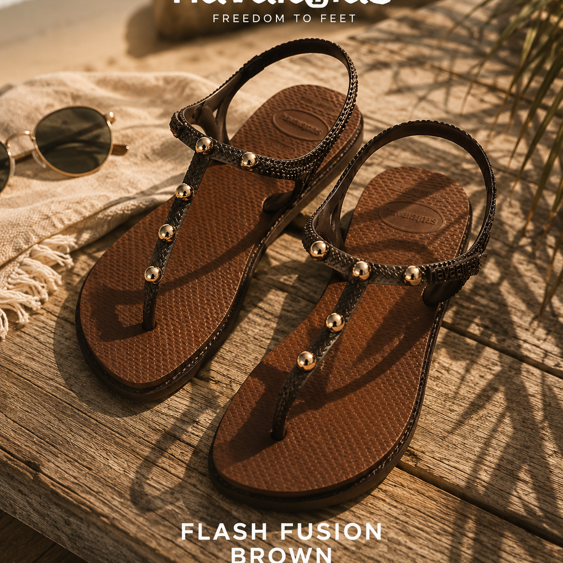 Sandalias Havaianas Flash Fusion Brown para mujer en escena beach lifestyle premium