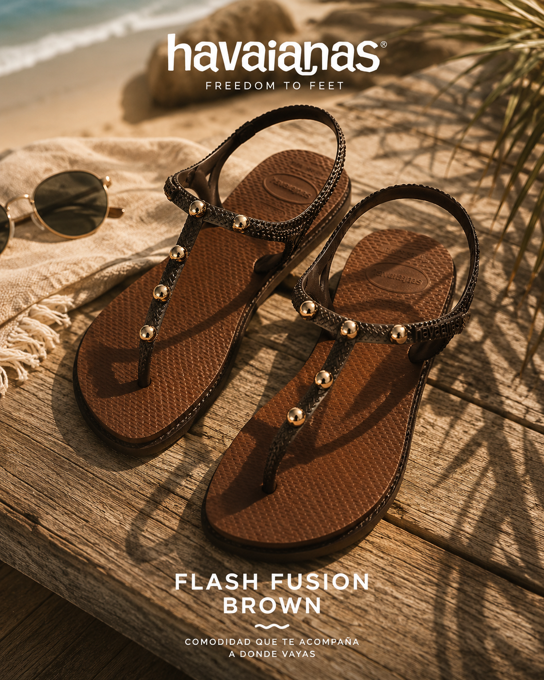 Sandalias Havaianas Flash Fusion Brown para mujer en escena beach lifestyle premium