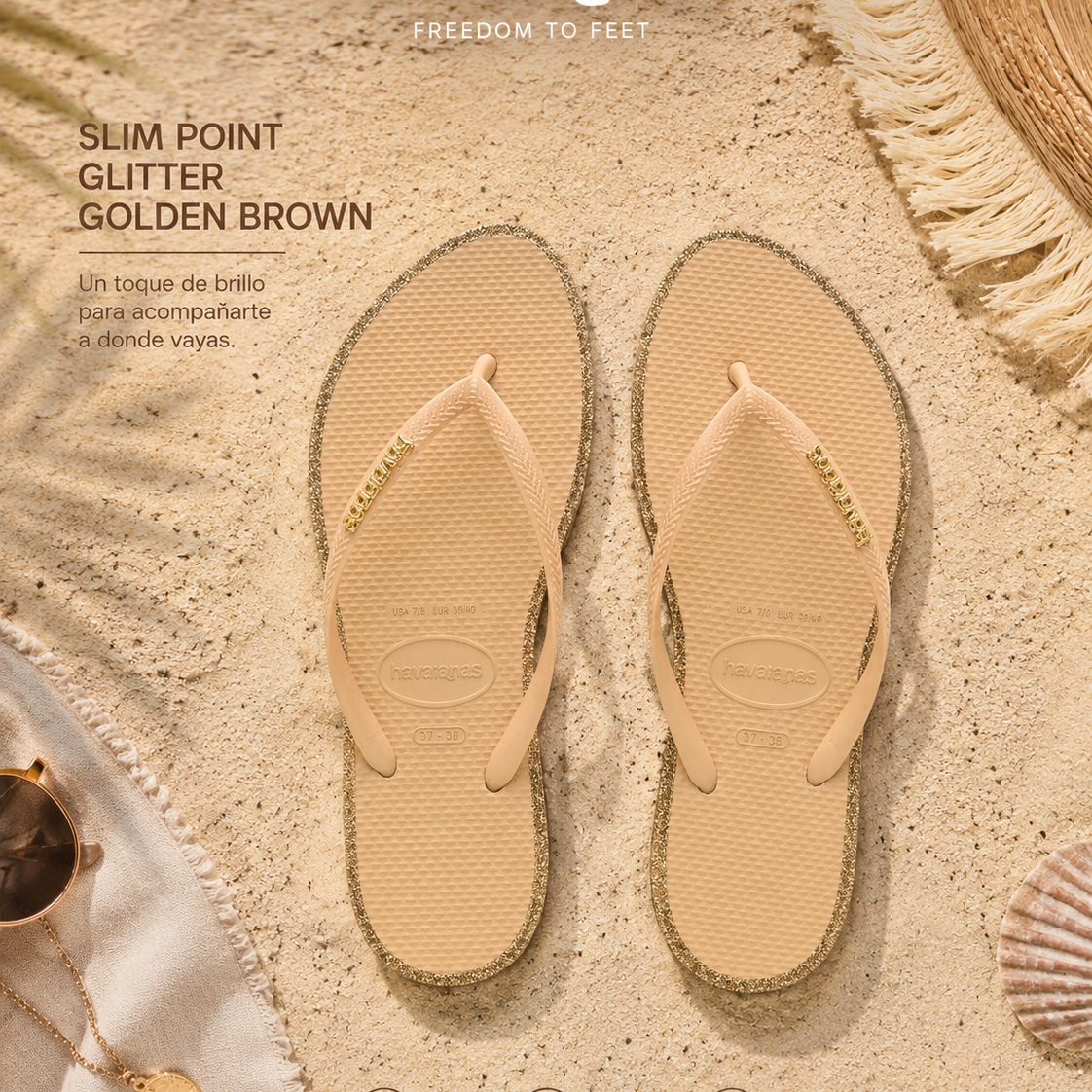 Sandalias Havaianas Slim Point Glitter Golden Brown para mujer en escena beach luxury premium de día