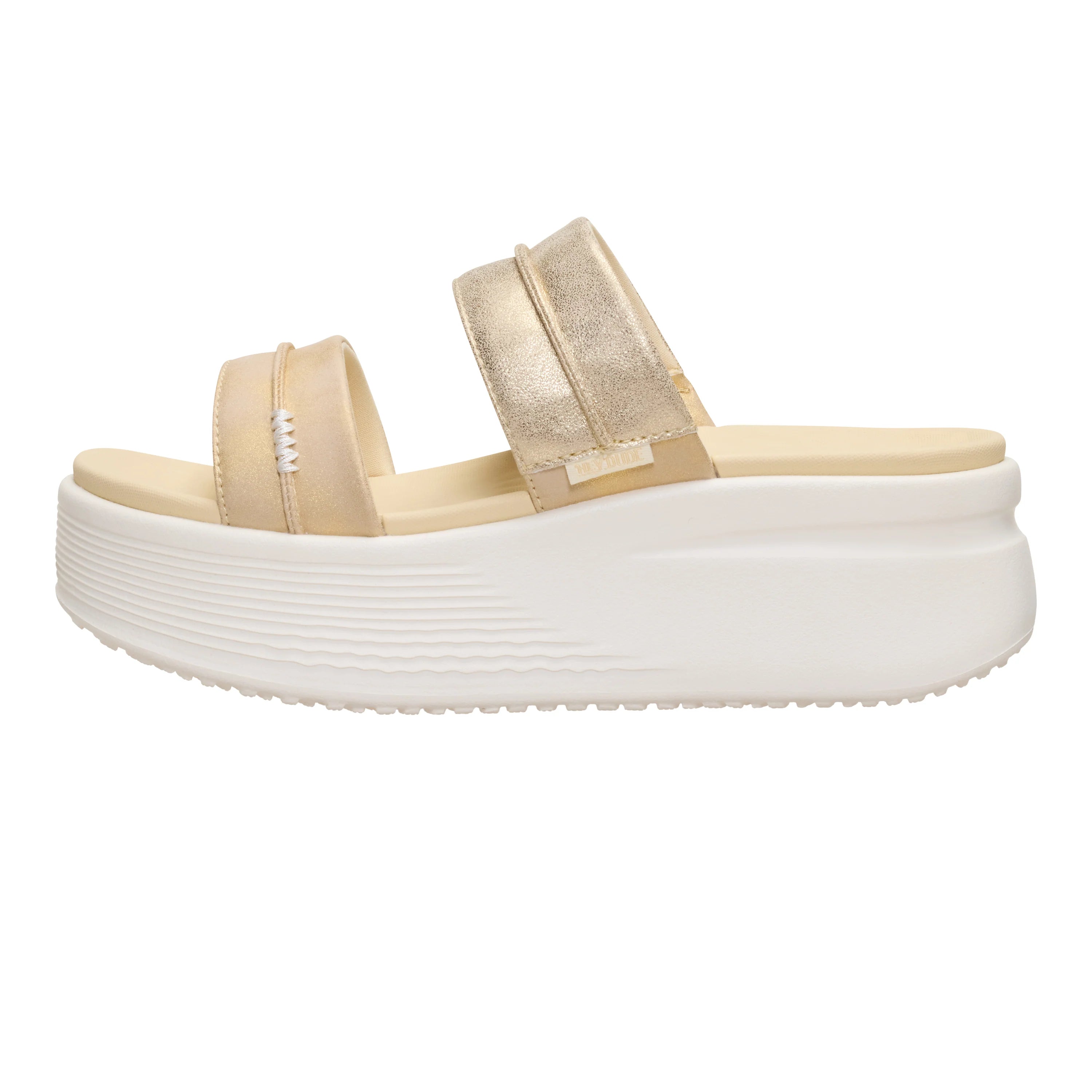 sandalias HEY DUDE Austin Slide Champagne Metallic mujer doradas plataforma cómodas verano