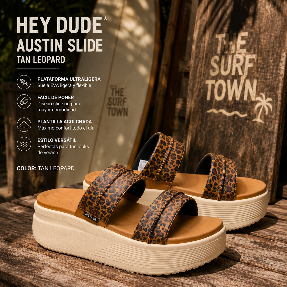 Sandalias Hey Dude Austin Slide Tan Leopard para mujer con plataforma ultraligera en ambiente lifestyle surf premium tropical