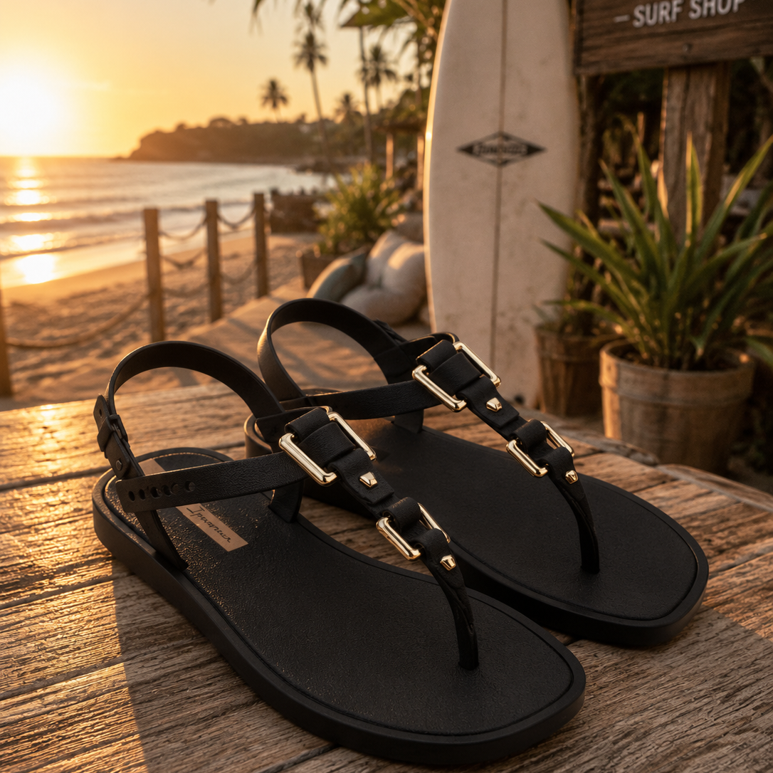 Sandalias Ipanema Class Urbane black gold para mujer en beach club surf lifestyle premium al atardecer