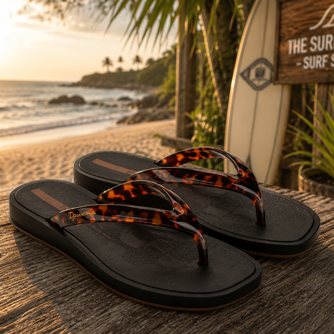 Sandalias Ipanema Glow Trendy black turtle para mujer en playa surf lifestyle premium al atardecer