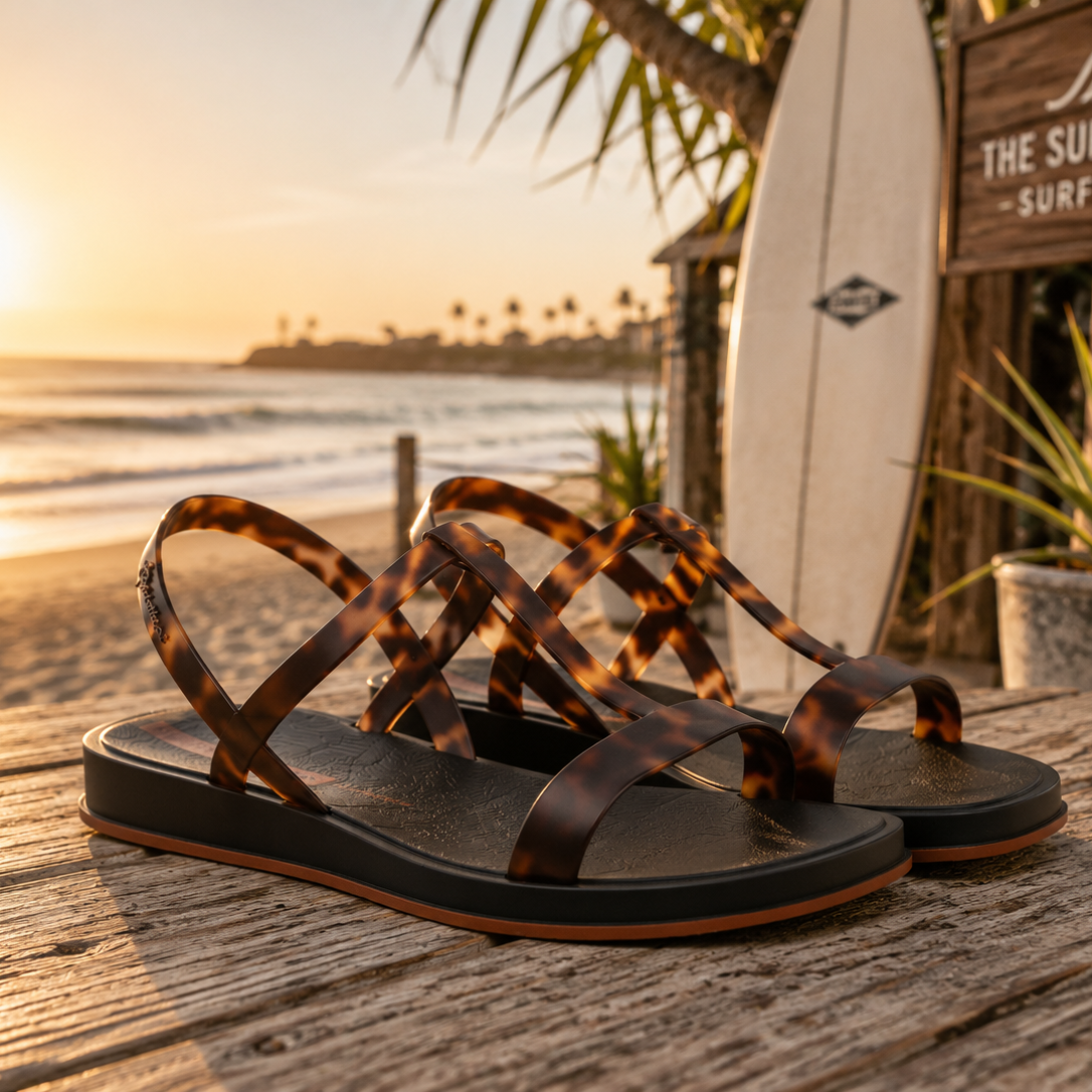 Sandalias Ipanema Glow Trendy turtle para mujer en beach club surf lifestyle premium al atardecer