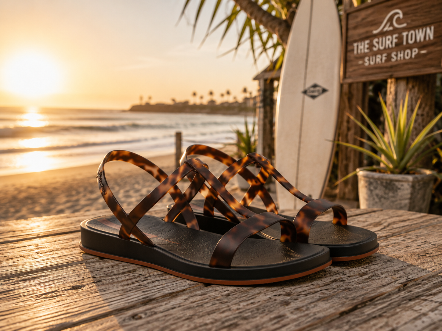 Sandalias Ipanema Glow Trendy turtle para mujer en beach club surf lifestyle premium al atardecer