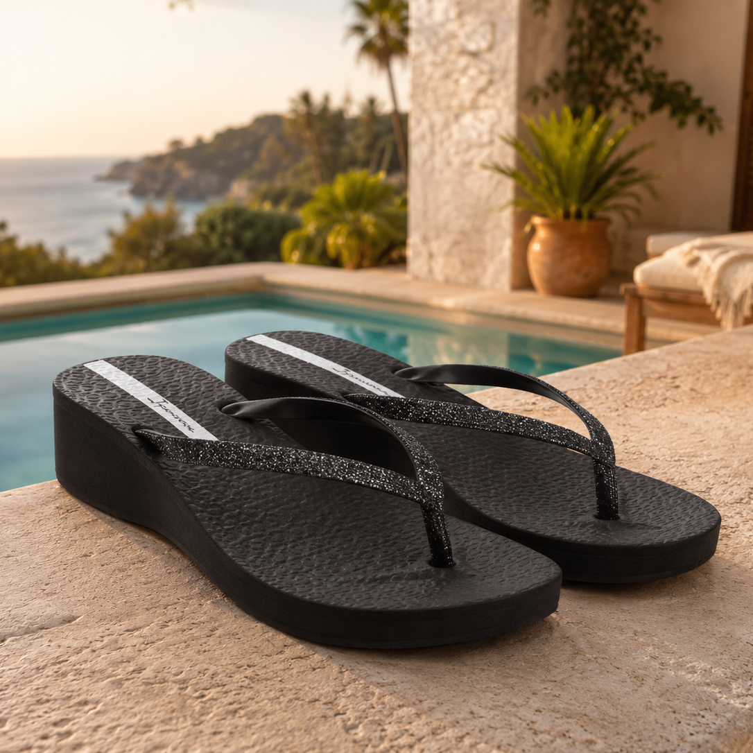 Sandalias Ipanema Mesh Chic Platform black glitter para mujer junto a piscina coastal luxury lifestyle