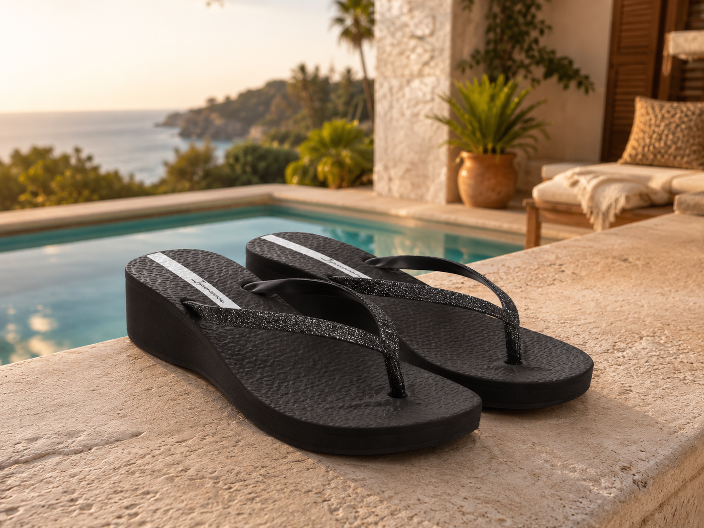 Sandalias Ipanema Mesh Chic Platform black glitter para mujer junto a piscina coastal luxury lifestyle