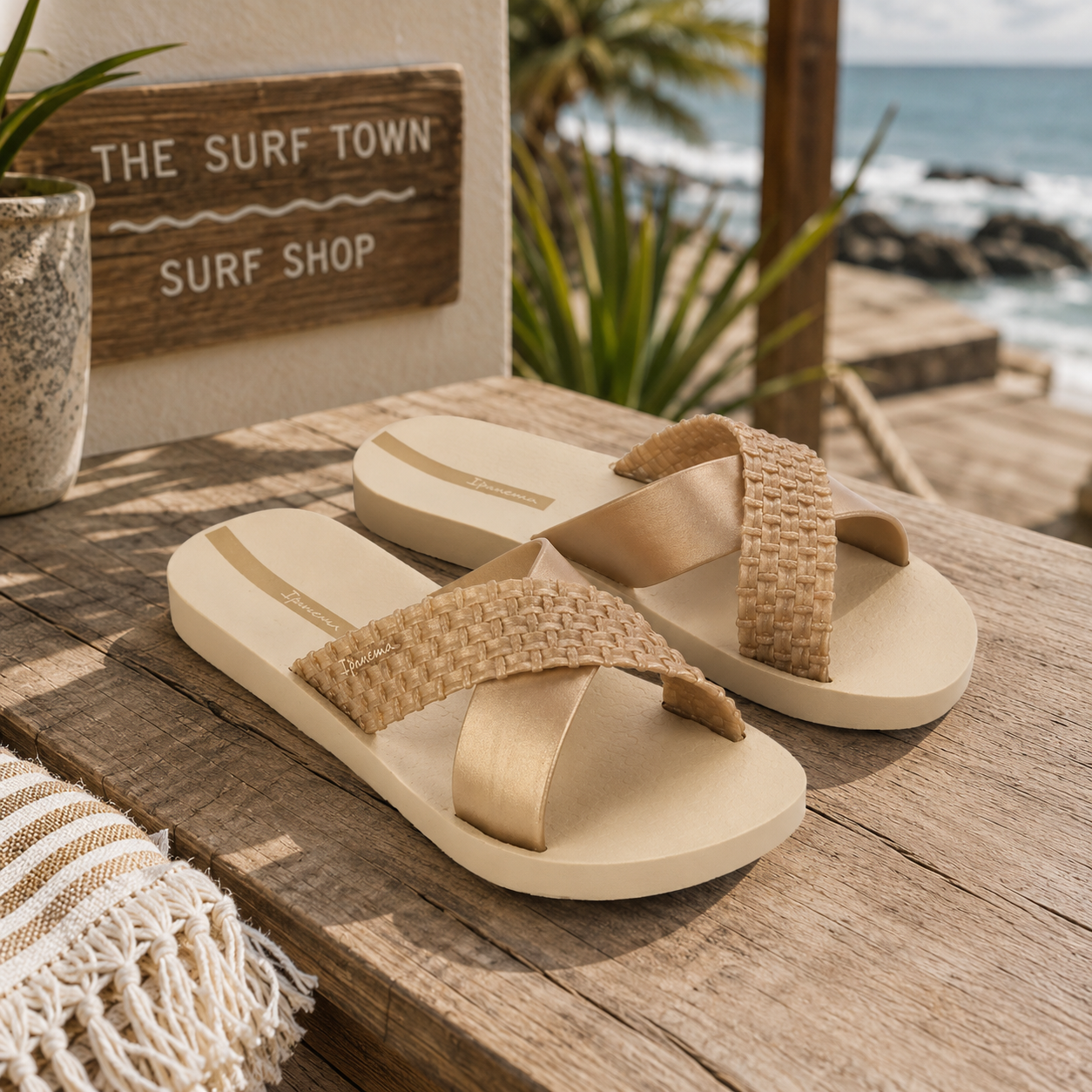 Sandalias Ipanema beige y dorado para mujer en terraza beach club mediterránea con estilo coastal premium