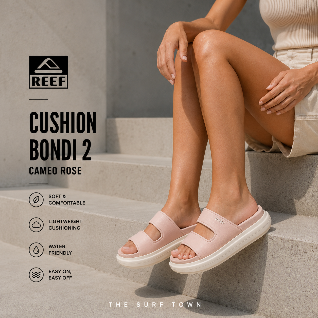Fotografía propia de THE SURF TOWN de las sandalias Reef Cushion Bondi 2 Cameo Rose para mujer en escaleras de hormigón modernas con estilo lifestyle premium y luz natural editorial