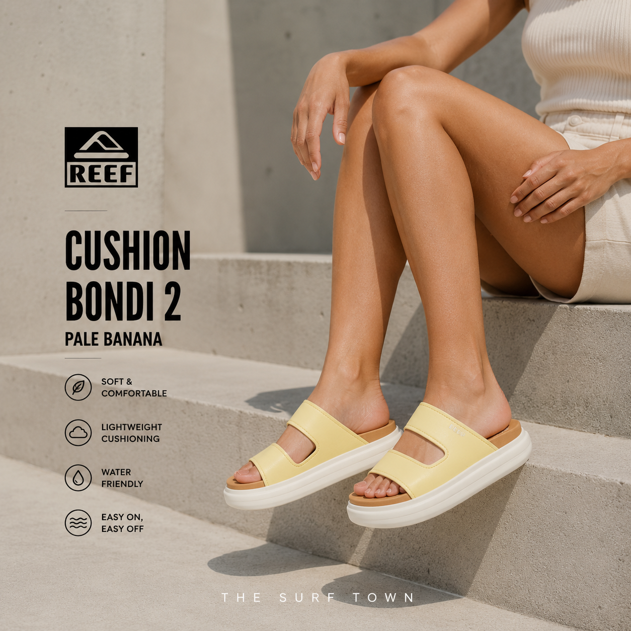 Fotografía propia de THE SURF TOWN de las sandalias Reef Cushion Bondi 2 Pale Banana para mujer en escaleras de hormigón modernas con estilo lifestyle premium y luz natural editorial