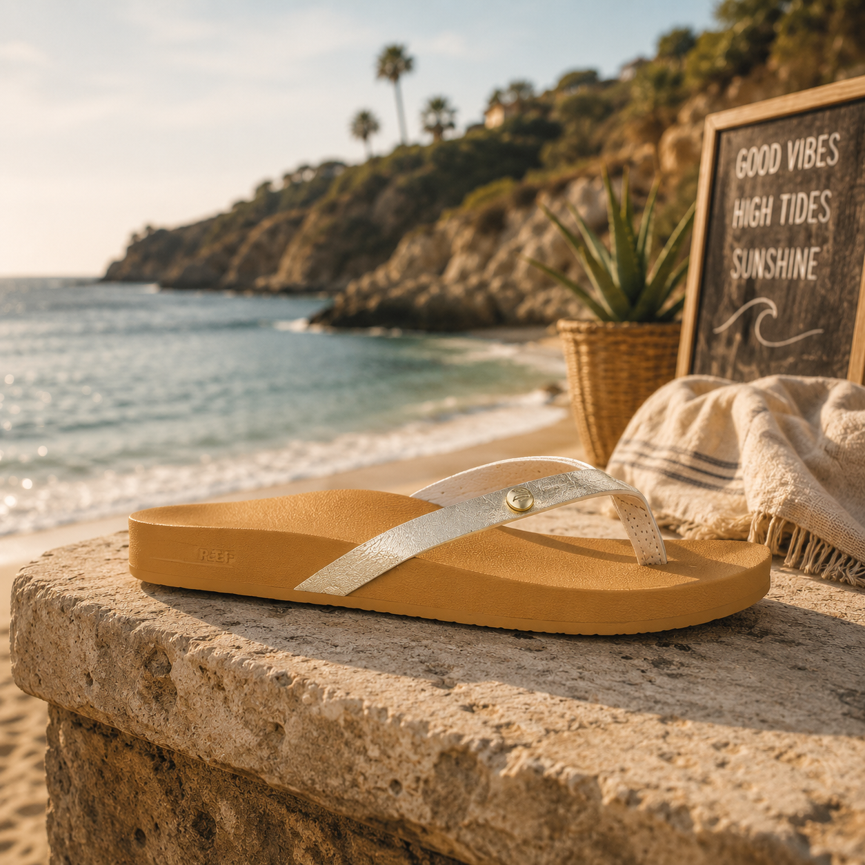 Sandalias Reef Cushion Vista Ivy Golden Hour para mujer sobre piedra junto a la playa con estilo beach lifestyle premium y ambiente Costa del Sol