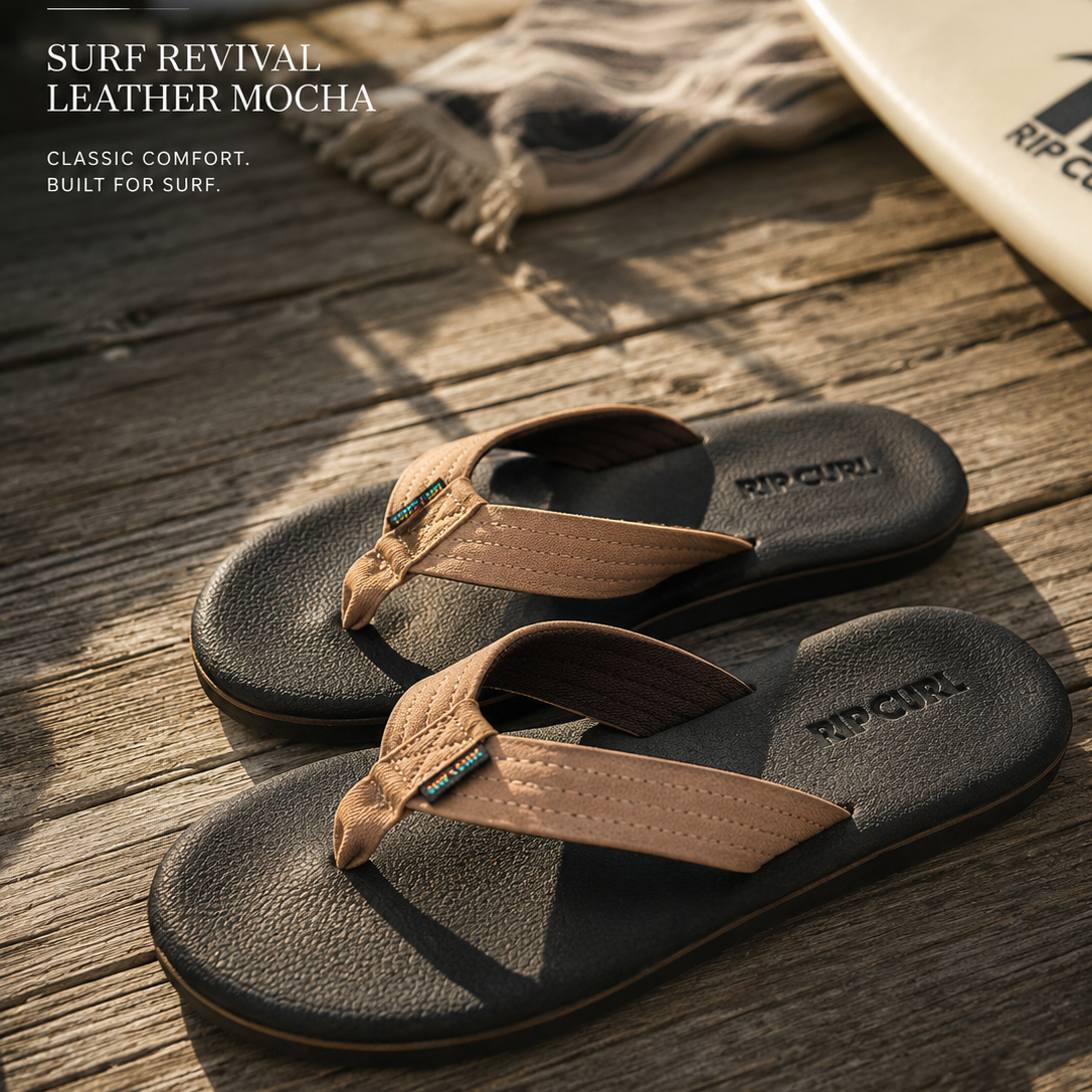 Sandalias Rip Curl Surf Revival Leather Mocha en escena surf lifestyle sobre madera junto al mar con luz natural cálida