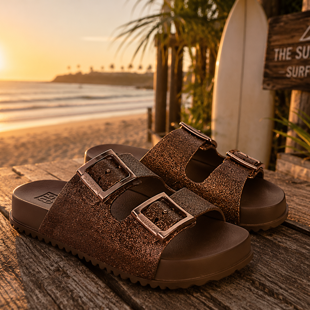 Sandalias Zaxy Partner Glitter Coffee para mujer en beach club coastal lifestyle premium al atardecer