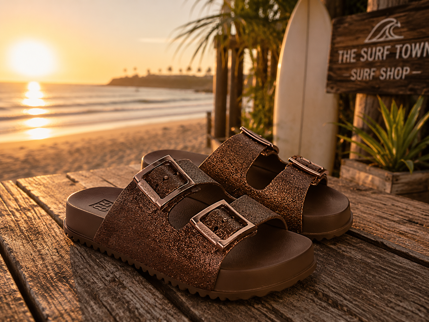 Sandalias Zaxy Partner Glitter Coffee para mujer en beach club coastal lifestyle premium al atardecer