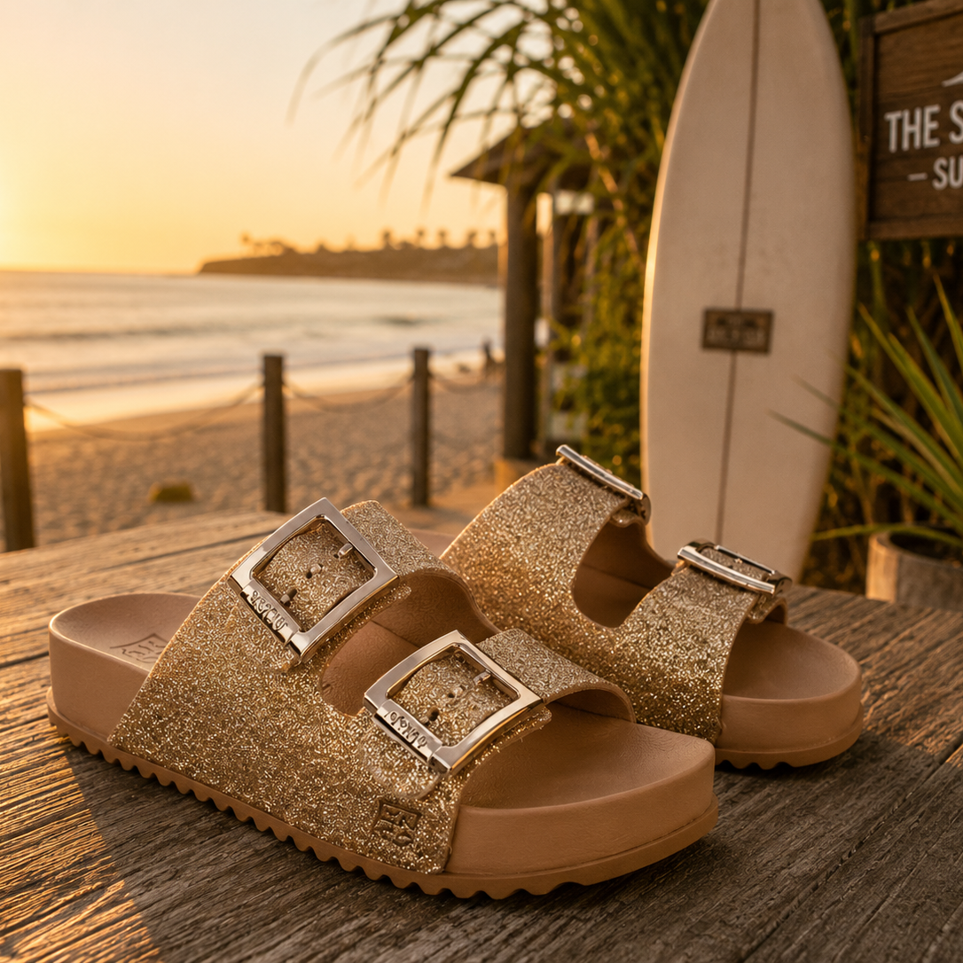 Sandalias Zaxy Partner Glitter Honey Beige para mujer en beach club coastal lifestyle premium al atardecer