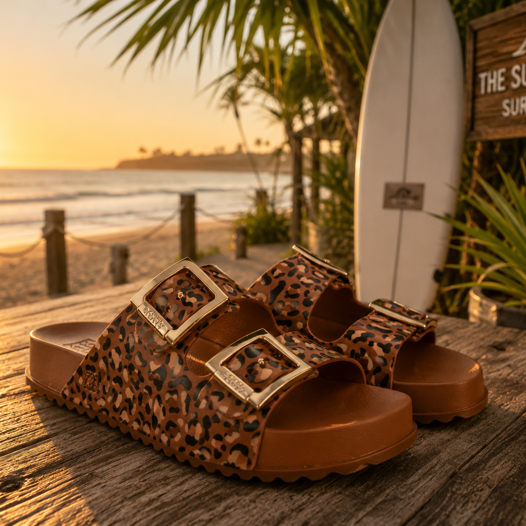 Sandalias Zaxy Partner Ounce Brown para mujer con estampado animal print en beach club coastal lifestyle premium