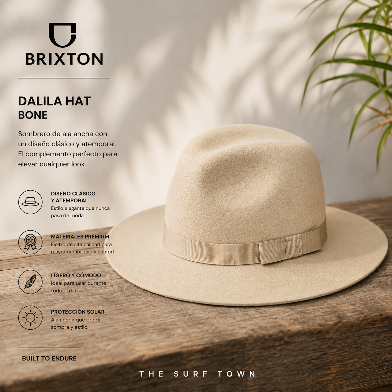 Sombrero Brixton Dalila Hat Bone beige para mujer en fotografía editorial propia de THE SURF TOWN con ala ancha y estilo boho premium