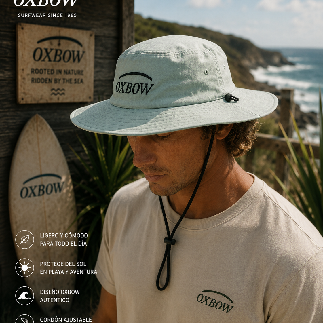 Sombrero Oxbow Ebush Eucalyptus verde con cordón en escenario coastal premium y estética editorial surf cinematográfica