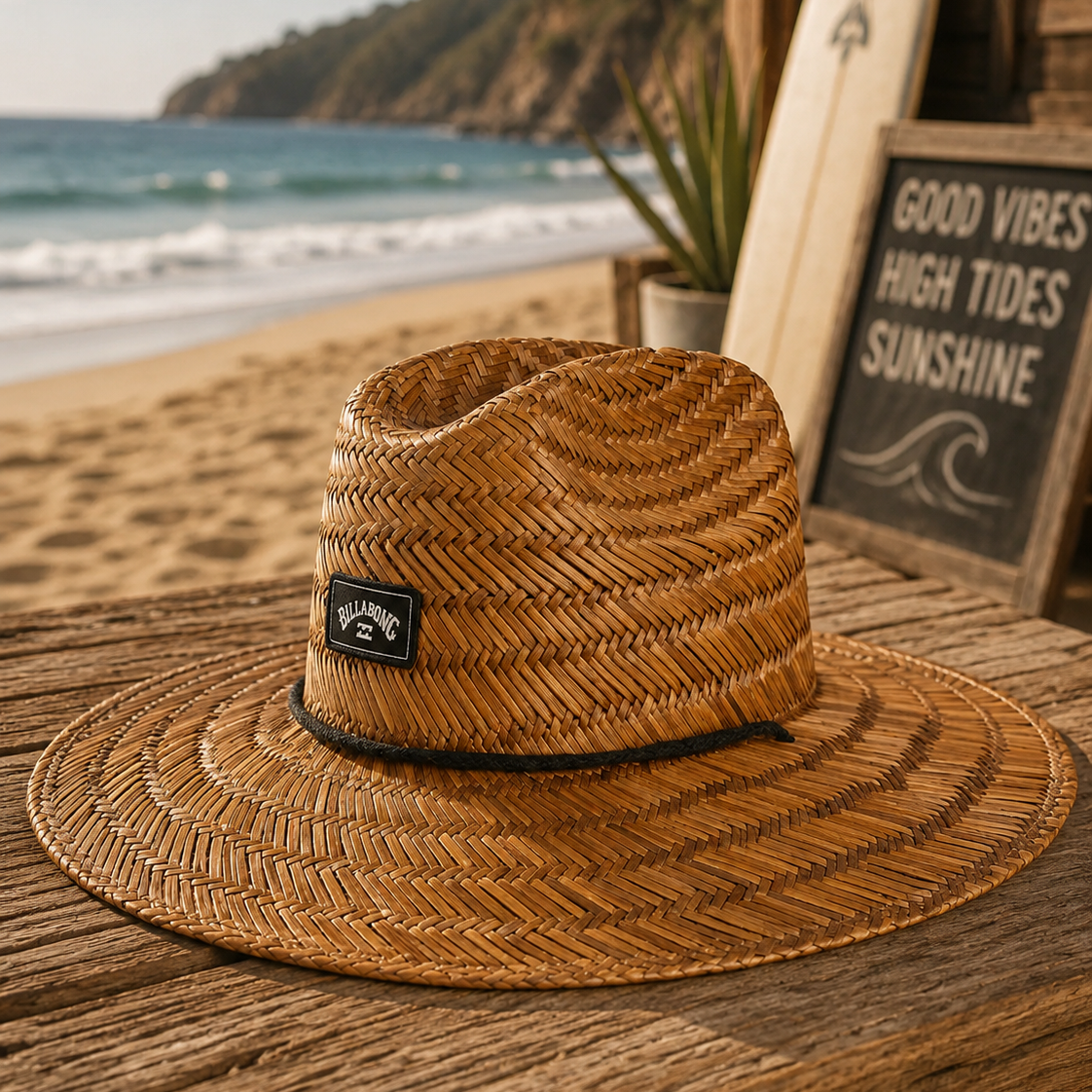 Sombrero de paja Billabong Tides Brown sobre madera junto a la playa con estilo surf lifestyle y ambiente Costa del Sol