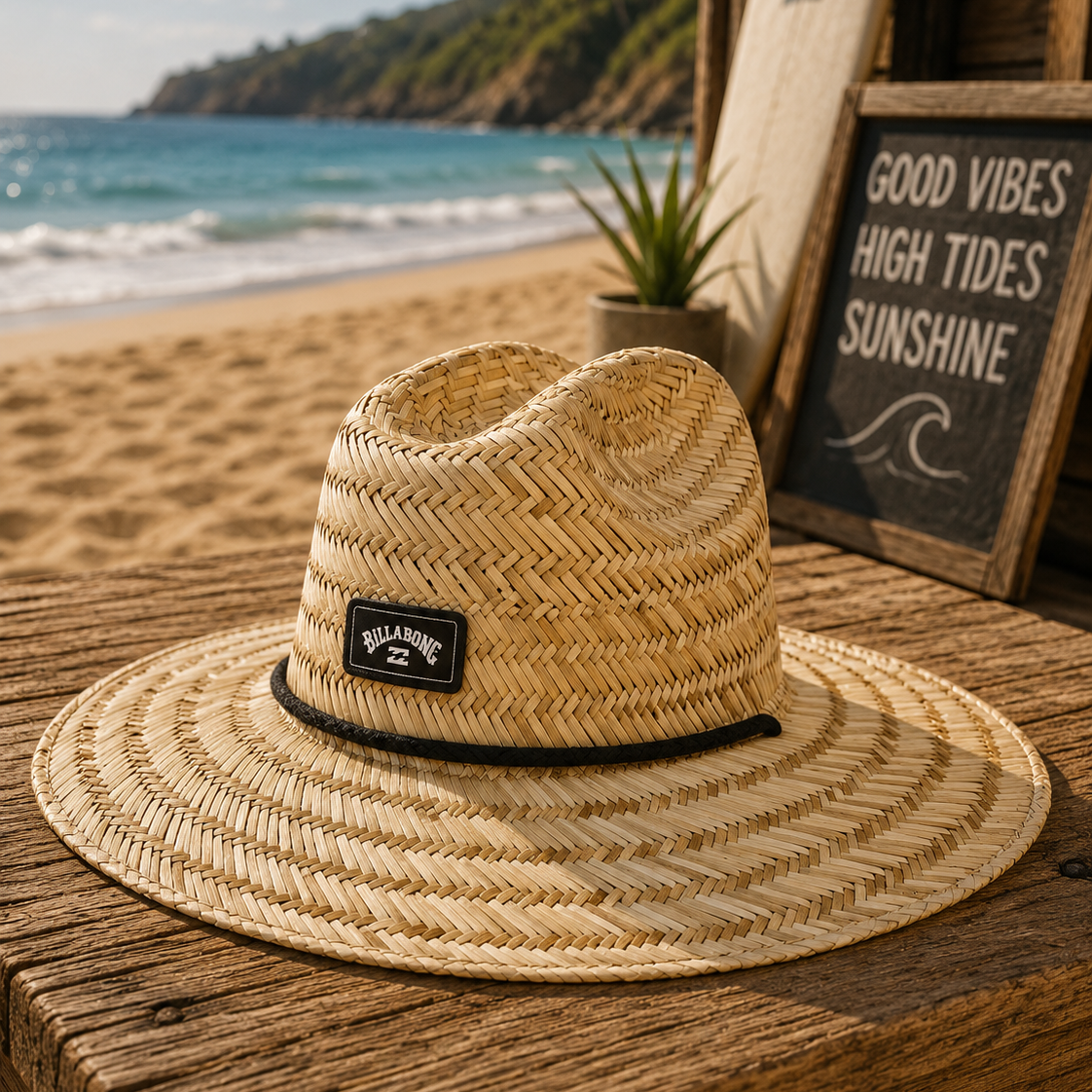 Sombrero de paja Billabong Tides Natural sobre madera junto a la playa con estilo surf lifestyle y ambiente Costa del Sol
