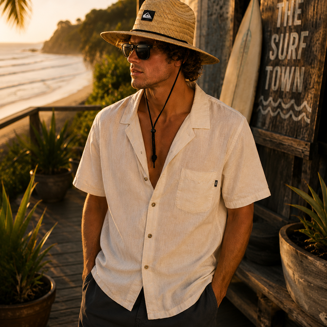 Sombrero Quiksilver de paja natural estilo surf premium en sunset beach club Costa del Sol