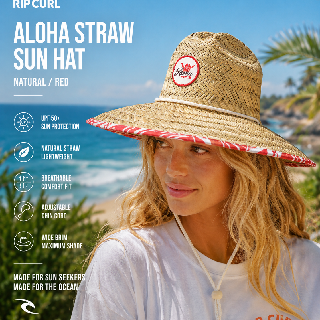 Sombrero Rip Curl Mixed Straw Lily en playa tropical luminosa con estética surf lifestyle femenina premium
