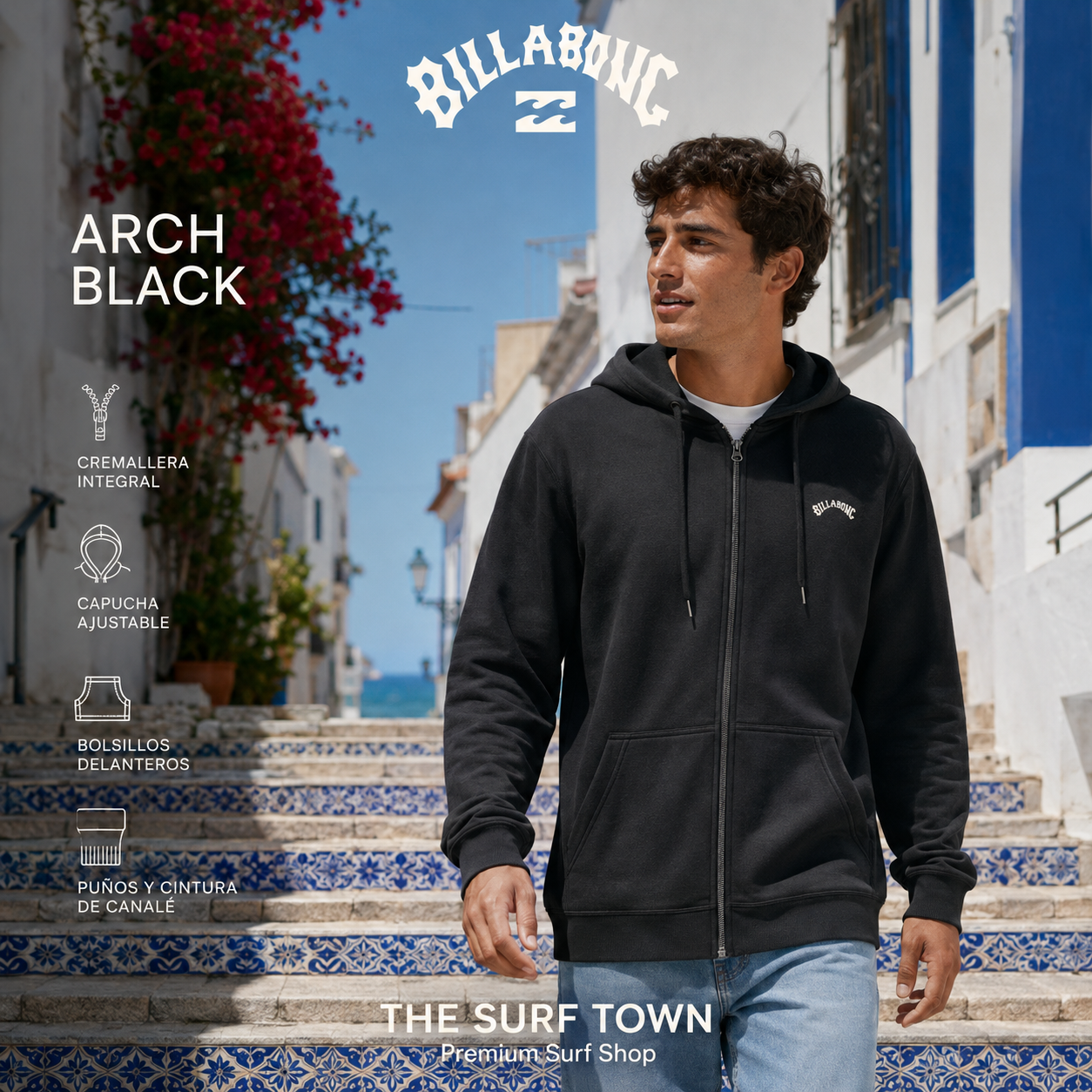 Sudadera Billabong Arch Black con capucha y cremallera integral para hombre, imagen editorial propia de THE SURF TOWN