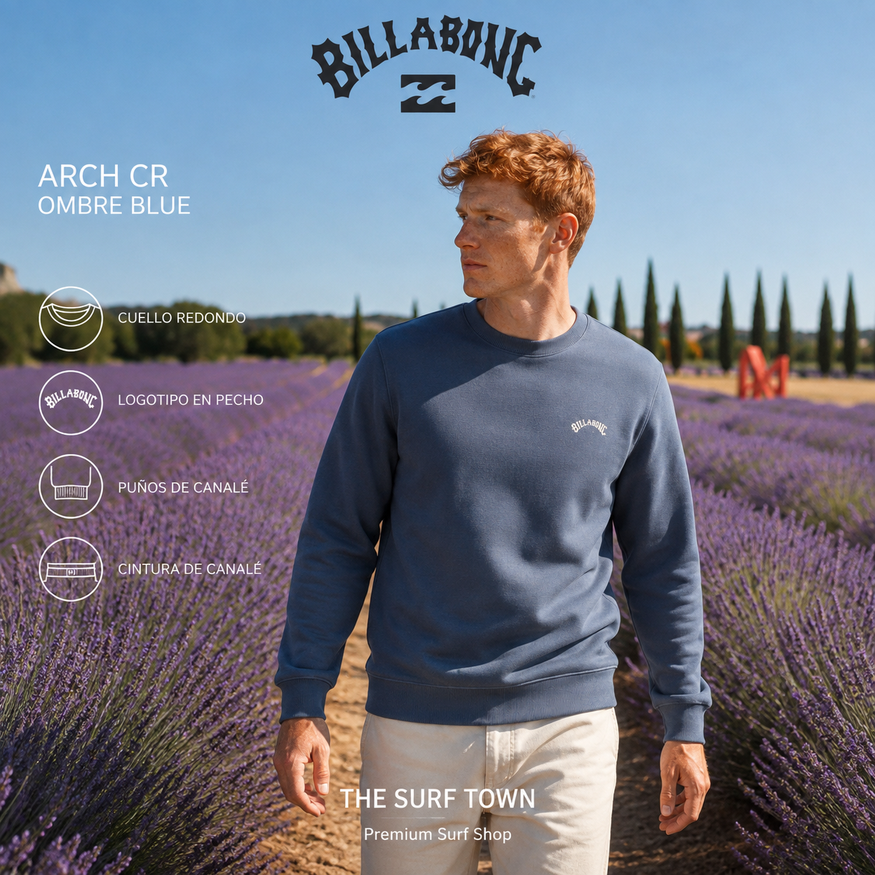 Sudadera Billabong Arch CR Ombre Blue de cuello redondo para hombre, imagen editorial propia de THE SURF TOWN