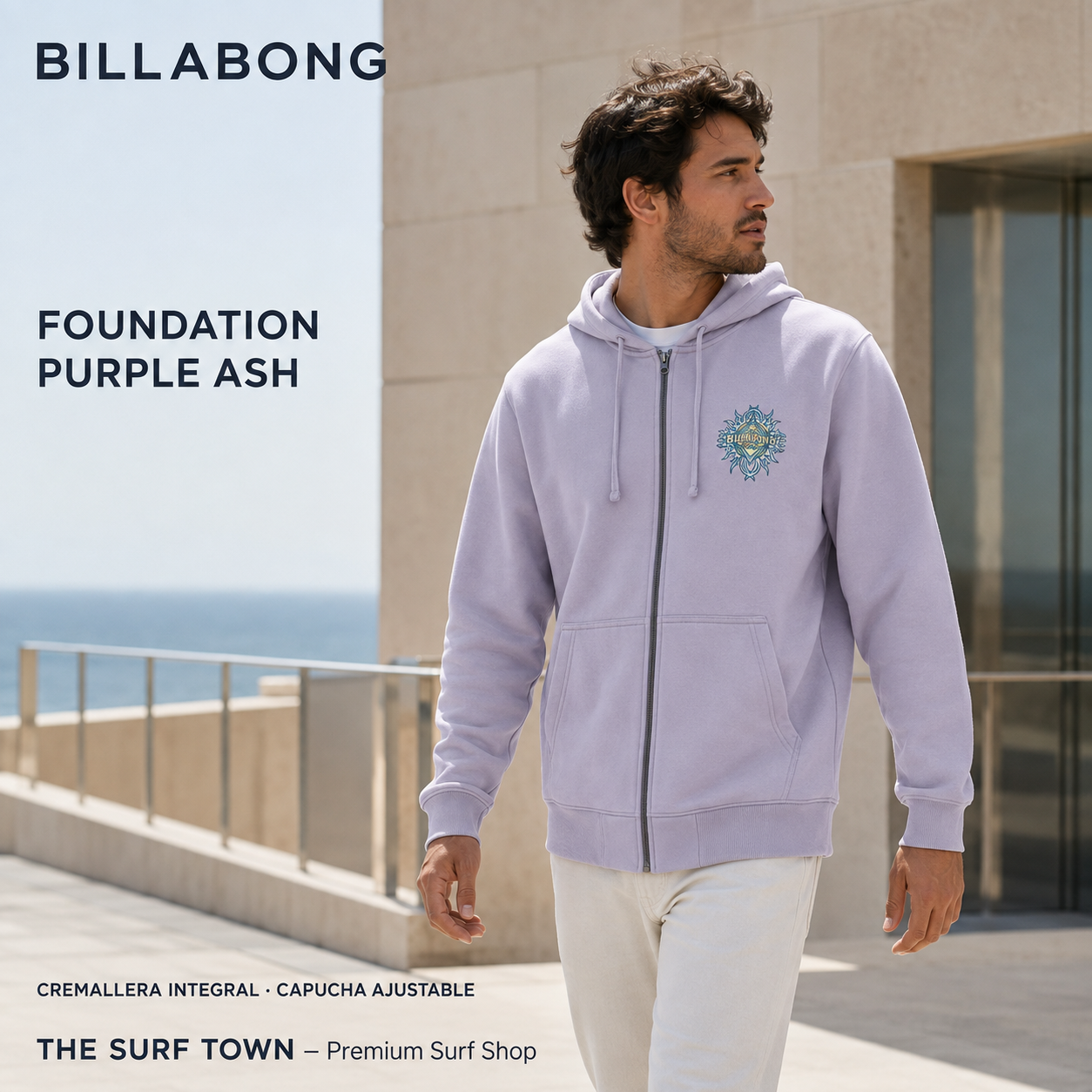 Sudadera Billabong Foundation Purple Ash de color lila claro con cremallera integral, imagen editorial propia de THE SURF TOWN