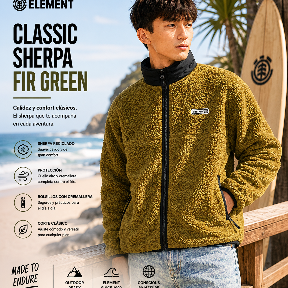 Sudadera Element Classic Sherpa Fir Green hombre estilo outdoor surf premium junto al mar