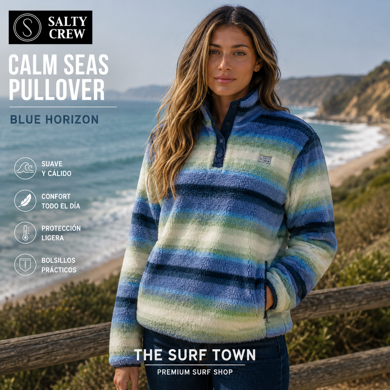 Sudadera mujer Salty Crew Calm Seas Pullover Blue Horizon, imagen editorial propia de THE SURF TOWN