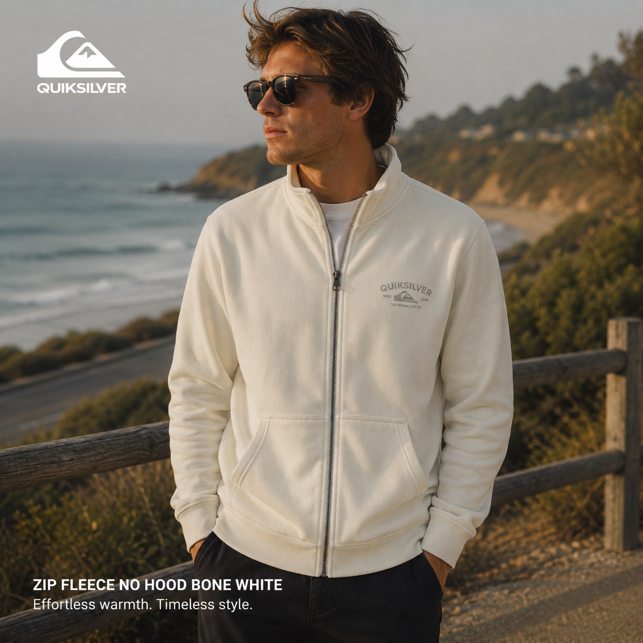 Sudadera Quiksilver Zip Fleece No Hood Bone White beige claro estilo surfwear premium