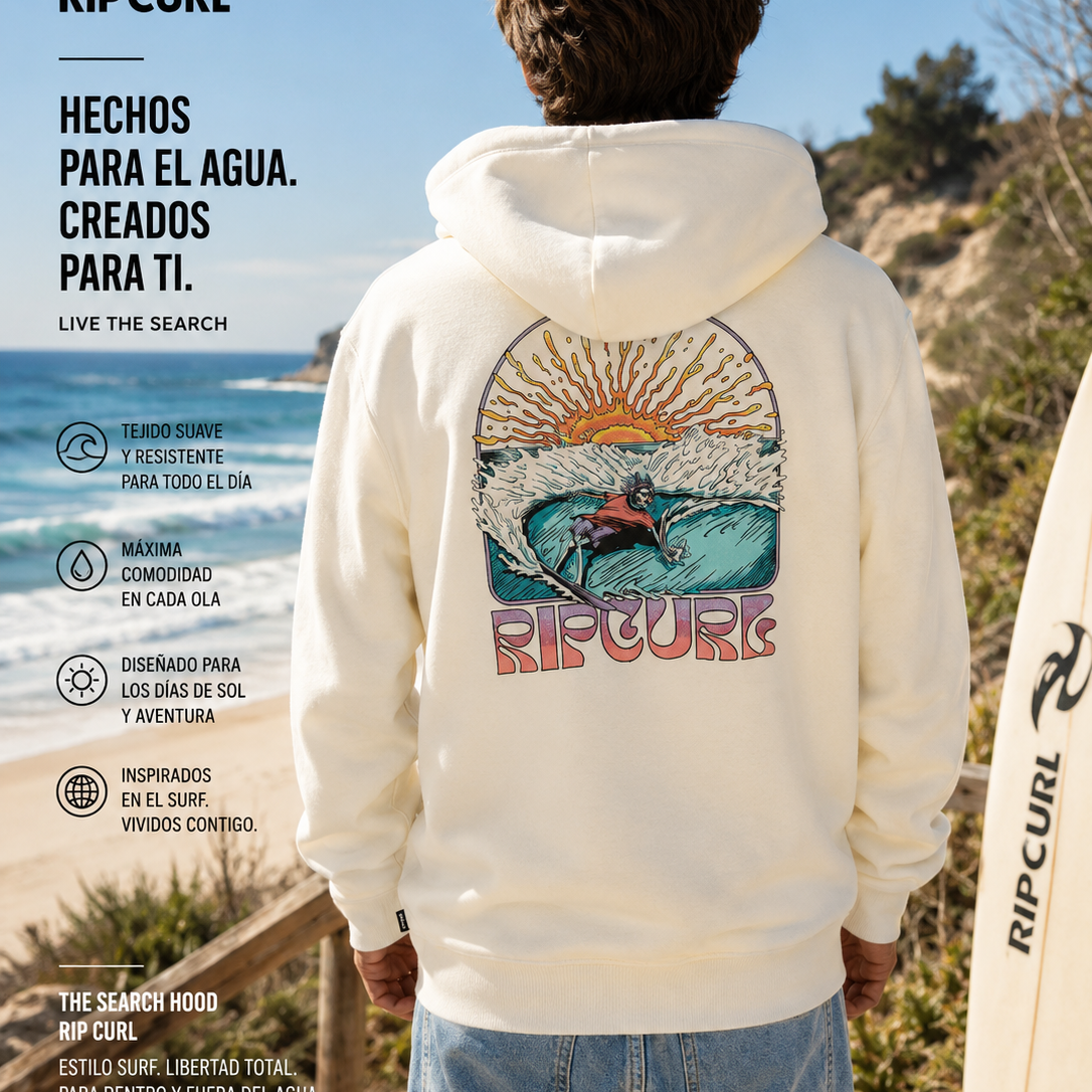 Sudadera Rip Curl Search Hood off white para hombre con estampado surfero y estilo surfwear premium