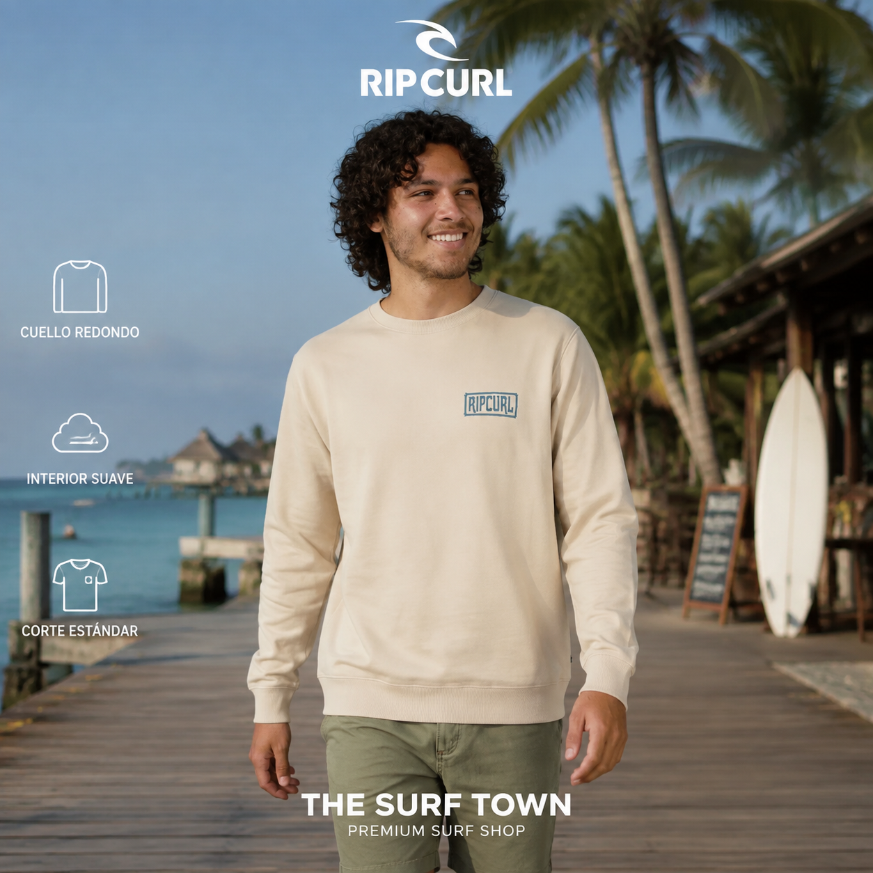 Sudadera Rip Curl Made For Vintage White para hombre en una escena tropical junto al océano, imagen editorial propia de THE SURF TOWN