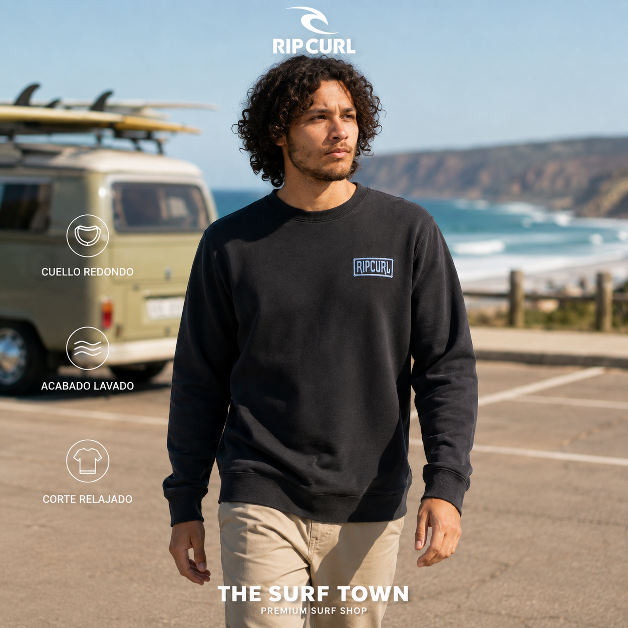 Sudadera Rip Curl Made For Washed Black para hombre durante un viaje de surf por la costa, imagen editorial propia de THE SURF TOWN