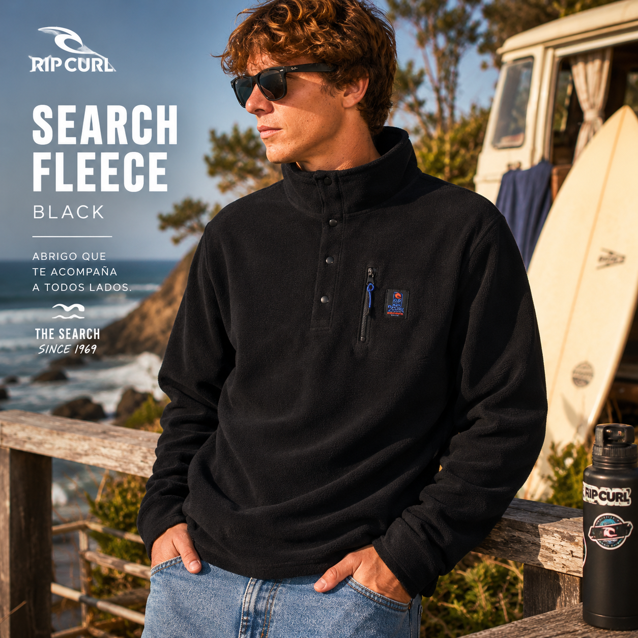 Sudadera Rip Curl Search Forro Polar Black negra estilo surfwear premium para hombre