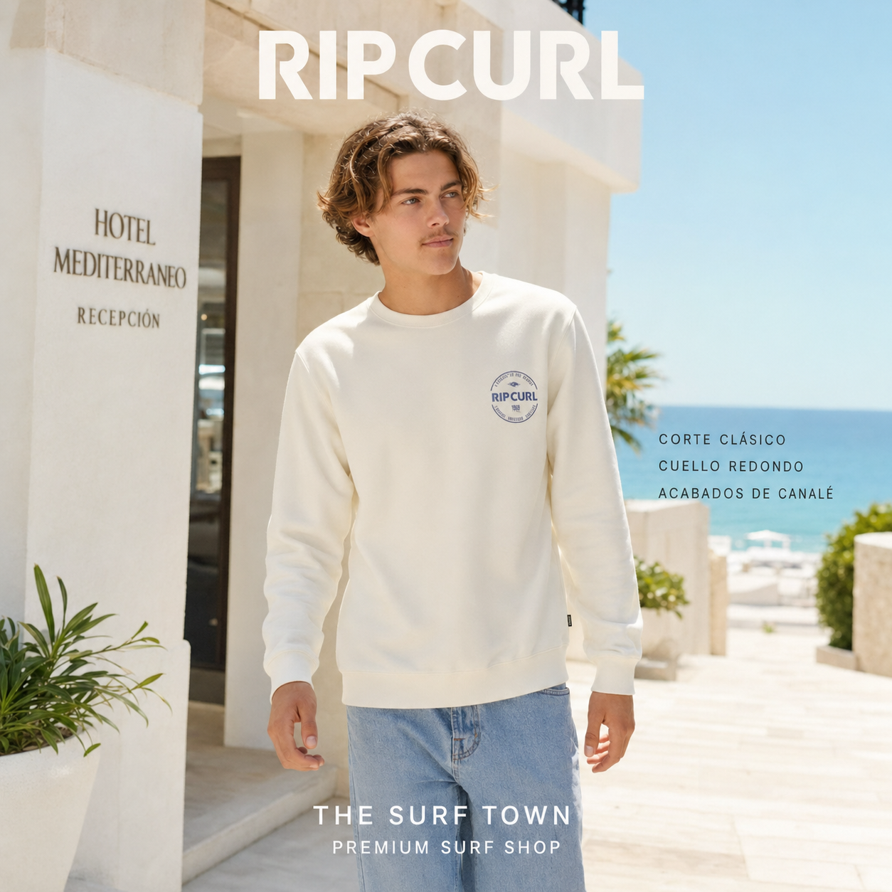 Sudadera Rip Curl Staple Crew Bone con cuello redondo y pequeño logotipo en el pecho, imagen editorial propia de THE SURF TOWN