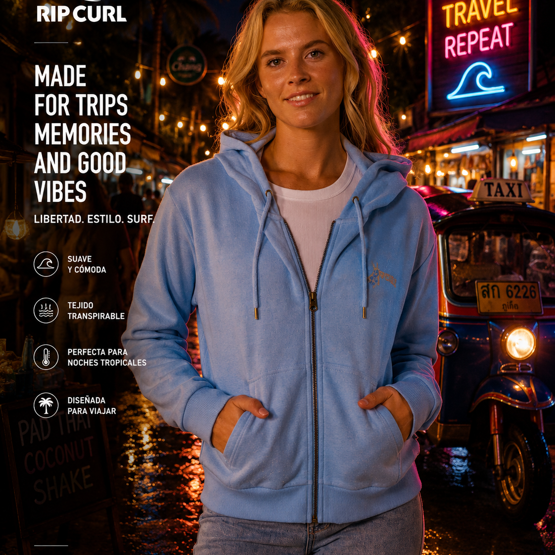 Sudadera Rip Curl Summer Zip Thru Hood Mid Blue para mujer con estilo surfwear premium y look beach lifestyle