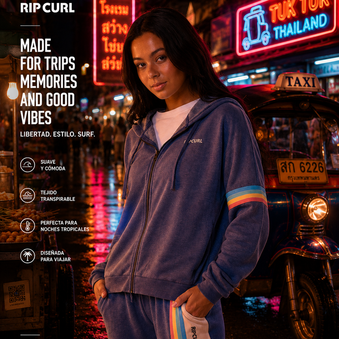 Sudadera Rip Curl Surf Revival Zip Thru Hood Blue para mujer con estilo surfwear premium y look surfero viajero