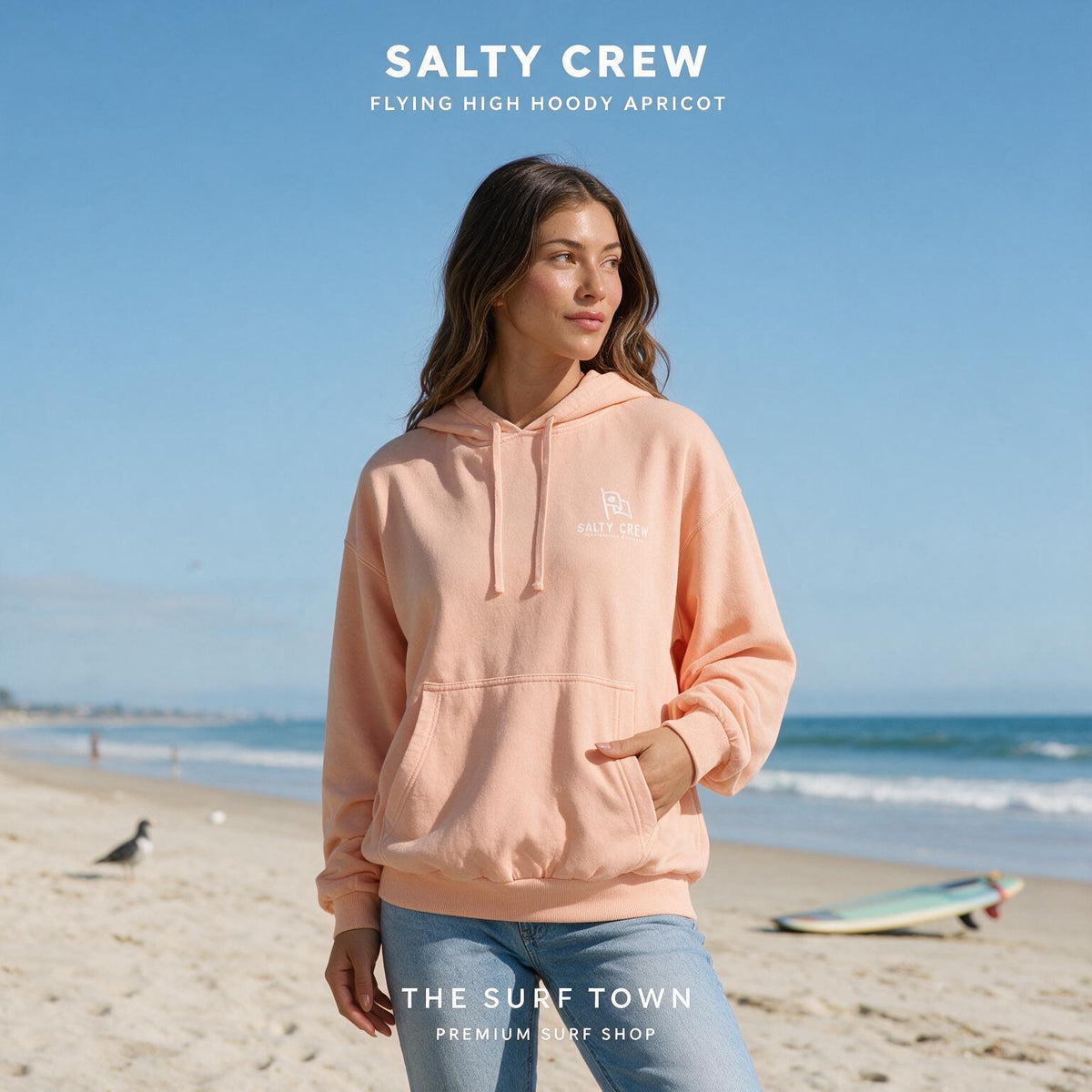 Sudadera Salty Crew Flying High Hoody Apricot, imagen editorial propia de THE SURF TOWN