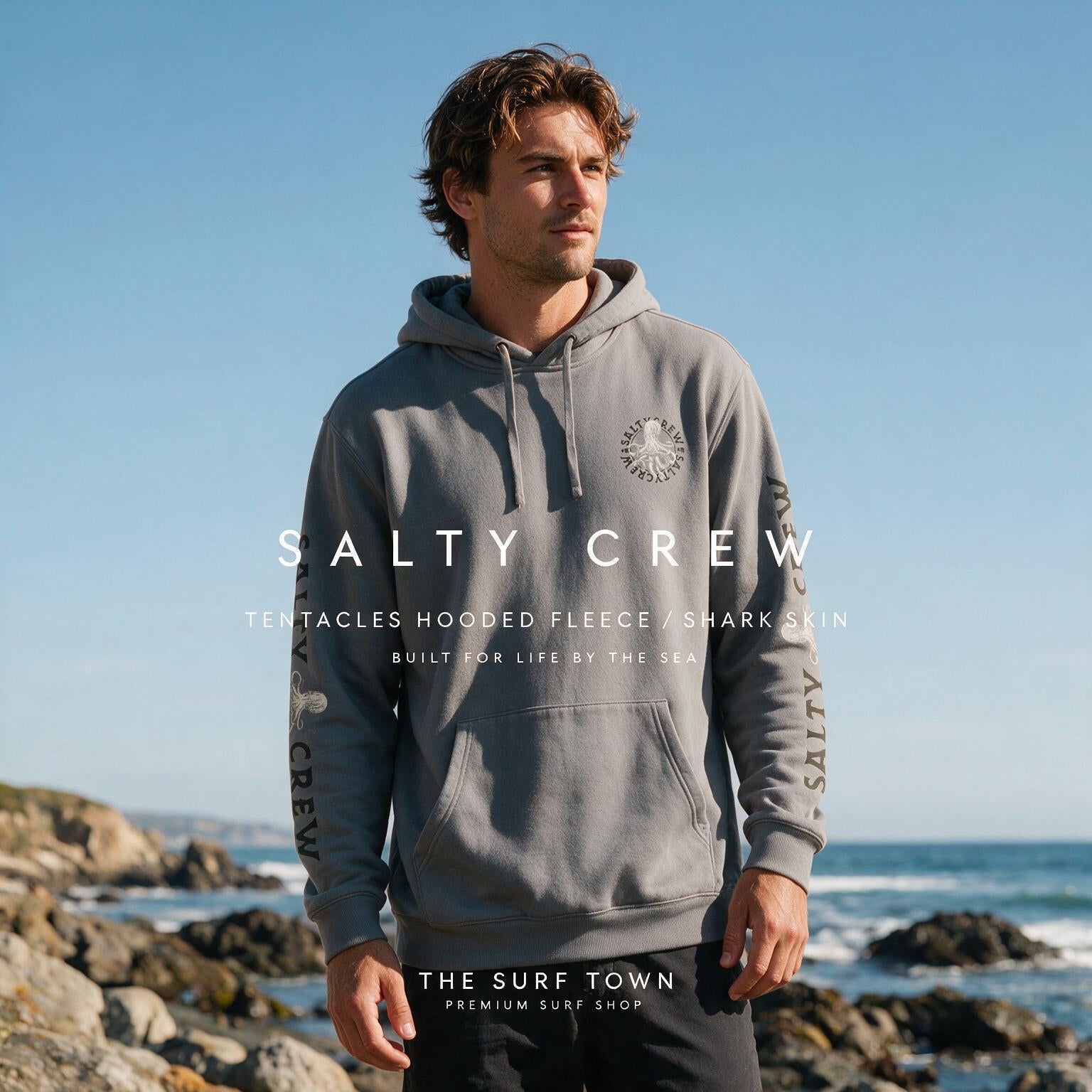 Sudadera Salty Crew Tentacles Hooded Fleece Shark Skin, imagen editorial propia de THE SURF TOWN