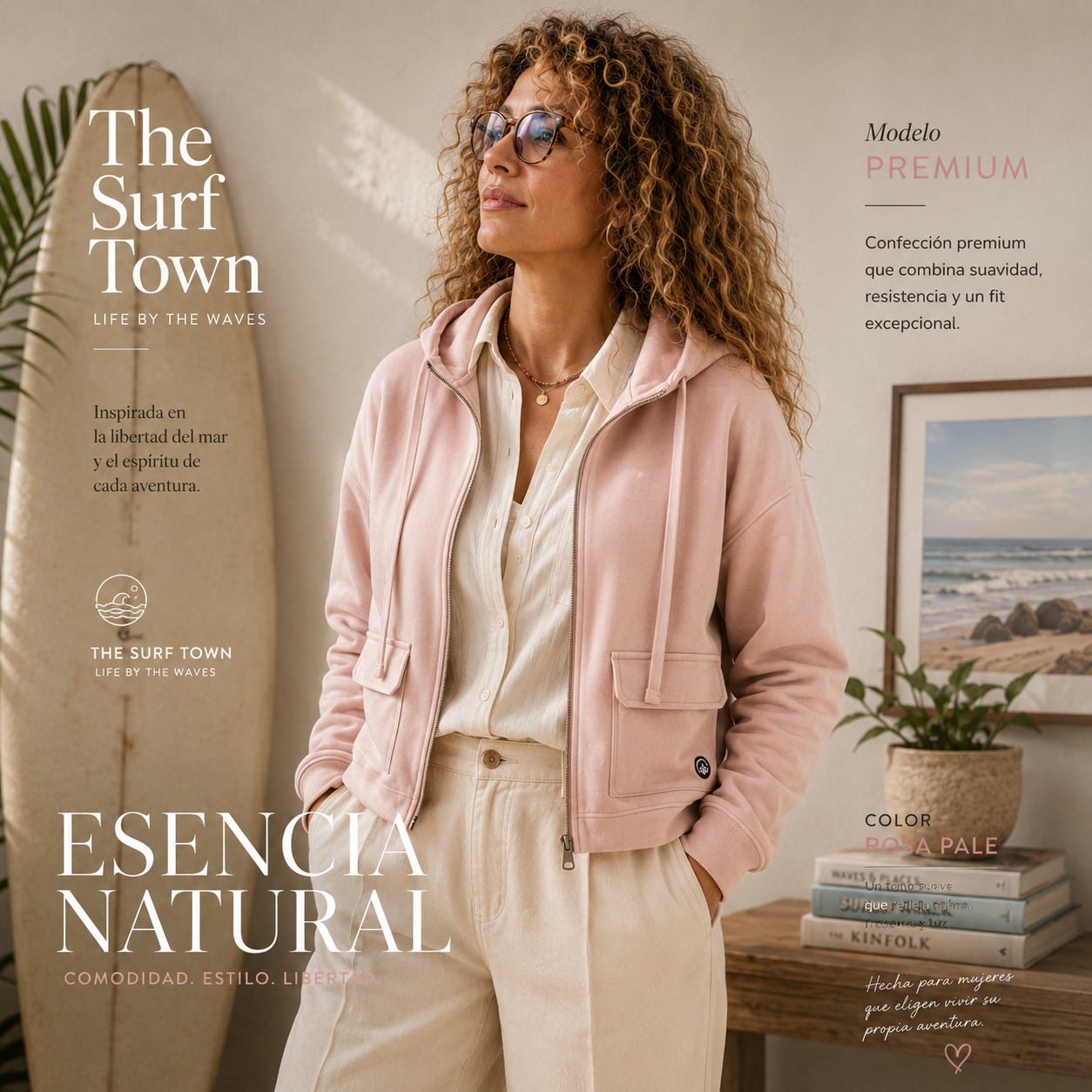 Sudadera The Surf Town Premium Pale Pink de algodón orgánico para mujer en color rosa con estilo surf lifestyle premium